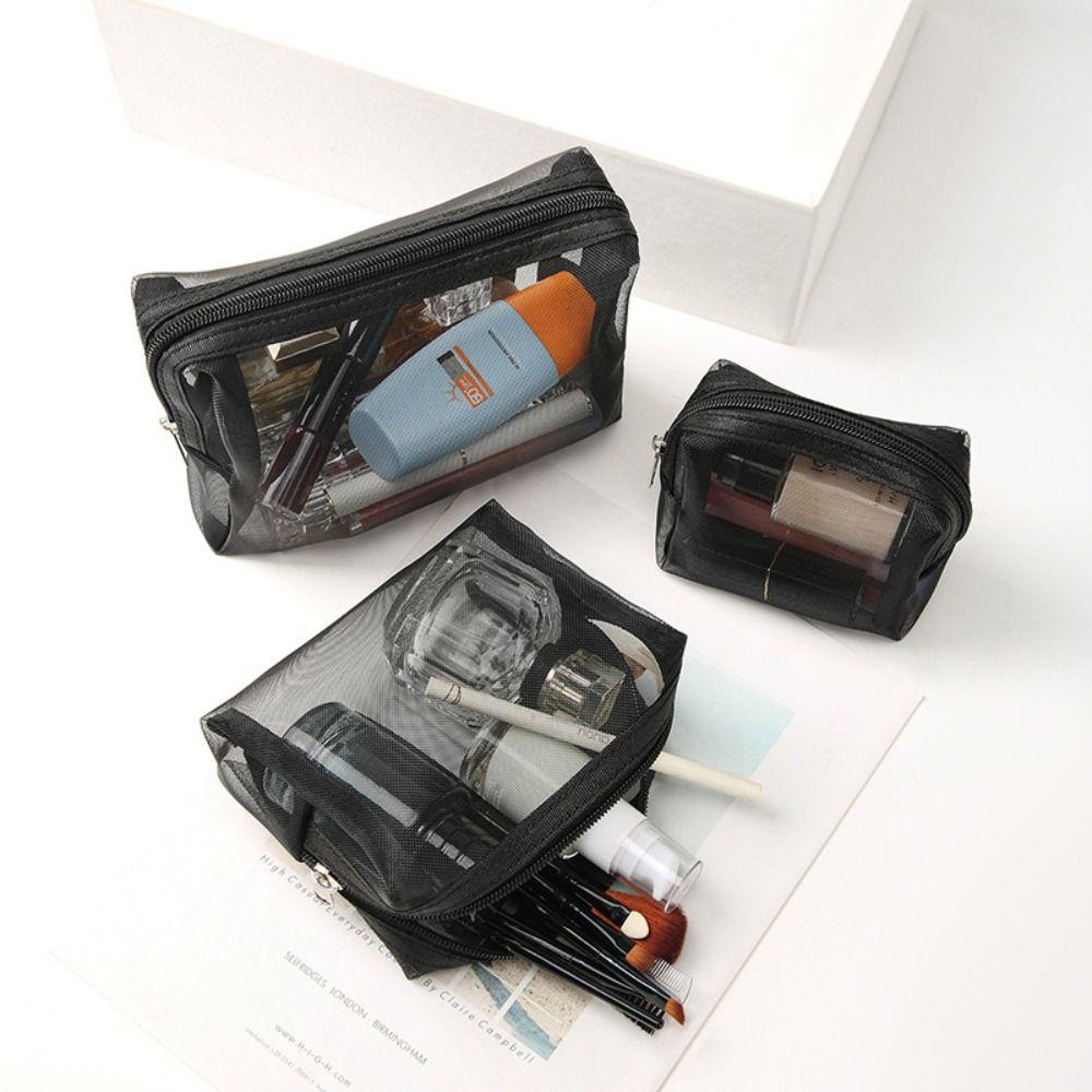 Solid Color Transparent Makeup Bag Zipper Handheld Makeup Pouch Mesh Cosmetic Bag for 3Pcs/Set Lady