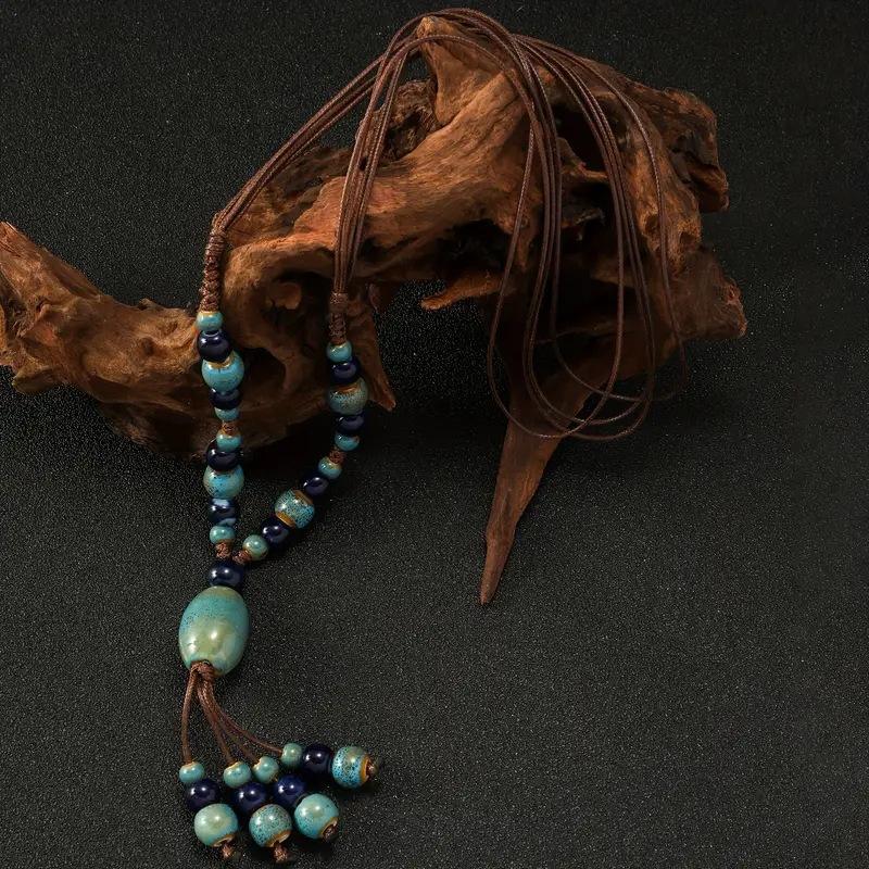 Unique Vintage Longline Necklace, Adjustable Folk Style Jewelry with Handwoven Ceramic Pendant for Women Versatile Accessory