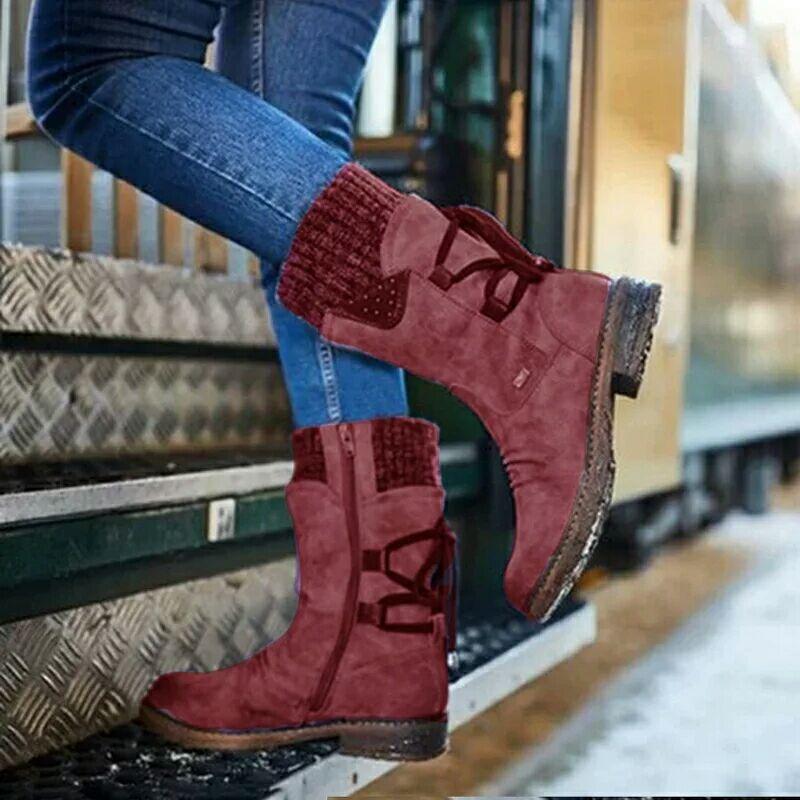 Wish large size autumn and winter new casual wool mouth Martin boots women's thick-soled snow boots buckle flat-bottomed medium boots women's boots