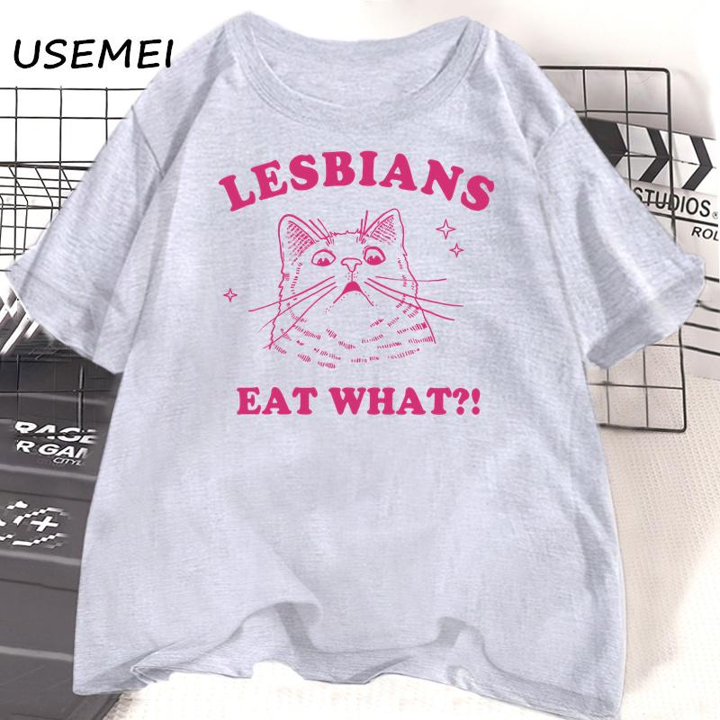 LGBT Lesbians Eat What Cat T Shirts Funny Gay Pride T-Shirts LGBTQ 90s Cat Lover Graphic T Shirts Aesthetic Women's Clothing Top