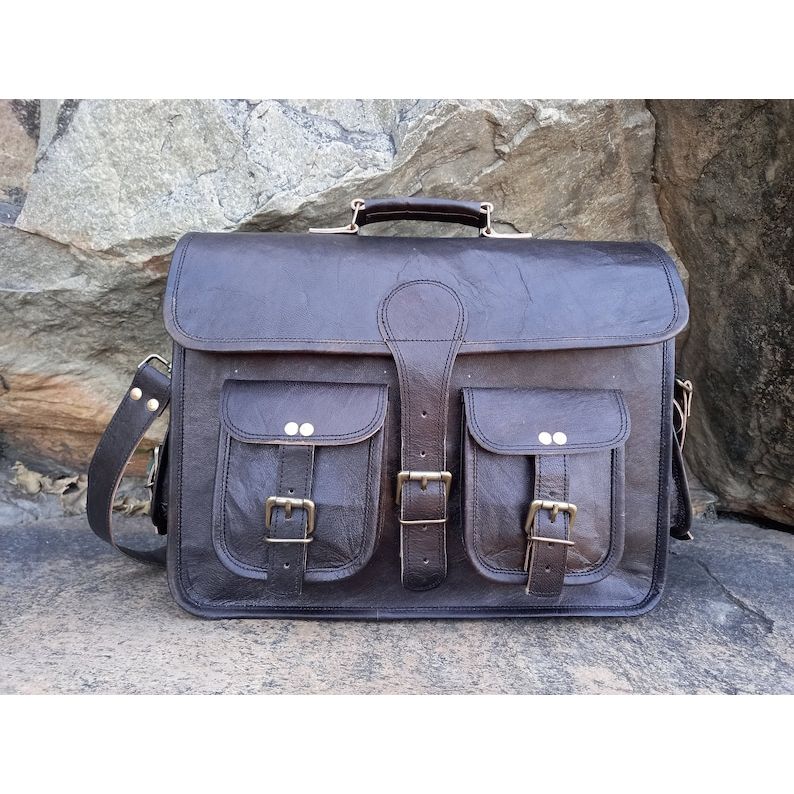 Handmade Black Leather Messenger Bag: Large Laptop Briefcase