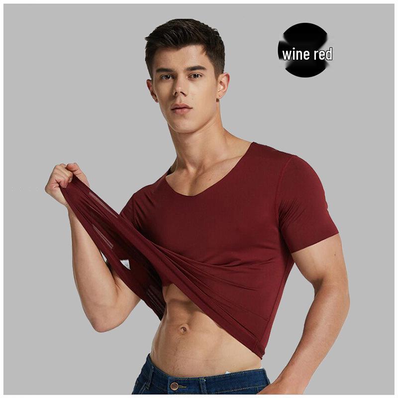Bezešvé tričko s krátkým rukávem a výstřihem do V z ledového hedvábí, Slim Fit, Prodyšné, Jednobarevné