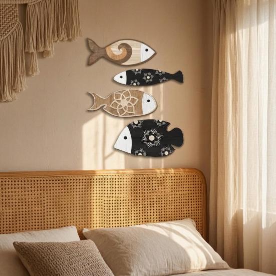 4 Pcs Rustic Fish Wall Art Wooden Fish Wall Hanging Decor Nautical Beach Wall Sculpture for Coastal Ocean Bathroom Home Decor