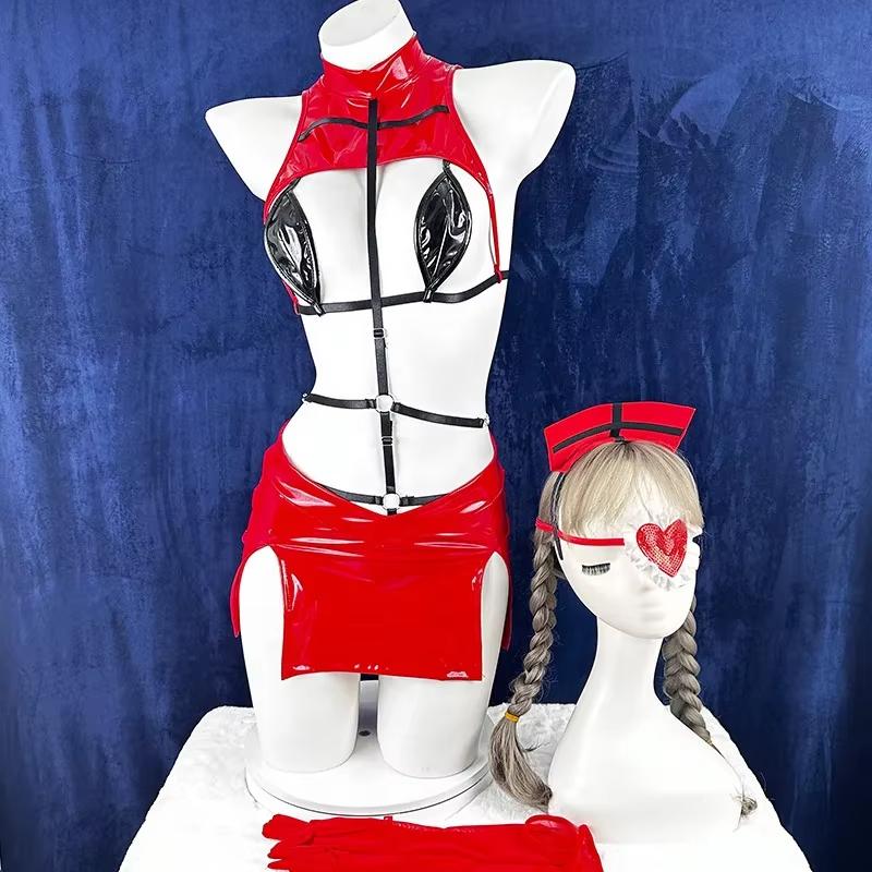 Erotic Sexy Nurse Cosplay Costume Punk Sweet Nurse Uniorm Lingerie Set Red Patent Leather Women Bodysuit Halloween Party Clothes