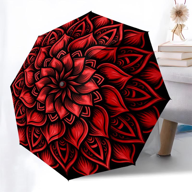 1pc Red Lotus Mandala Umbrella with Plastic Handle,Compact & Stylish,Suitable for All Seasons YS331066
