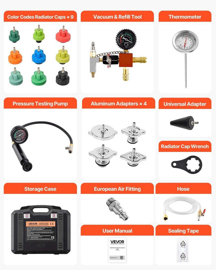 Coolant Pressure Tester Kit, 28Pcs Radiator Vacuum Refill Kit with 4 Adapters, Universal Fit, Automotive Cooling System Pressure Tester Kit, with