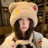 Cute Button Bear Ear Plush Knitted Hat for Women Warm and Ear Protecting Woolen Hat and Headscarf for Autumn and Winter