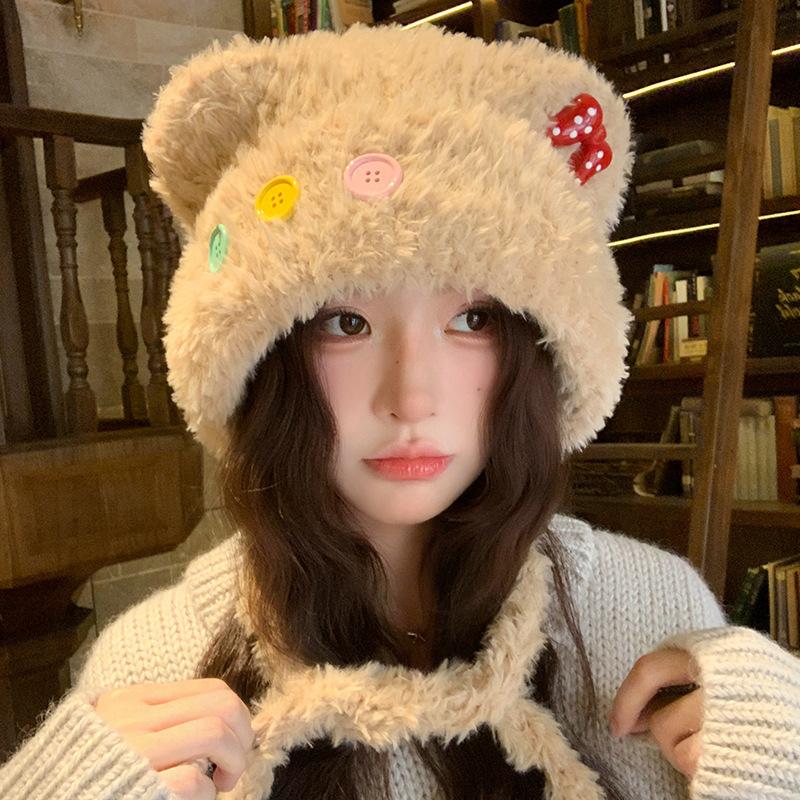 Cute Button Bear Ear Plush Knitted Hat for Women Warm and Ear Protecting Woolen Hat and Headscarf for Autumn and Winter
