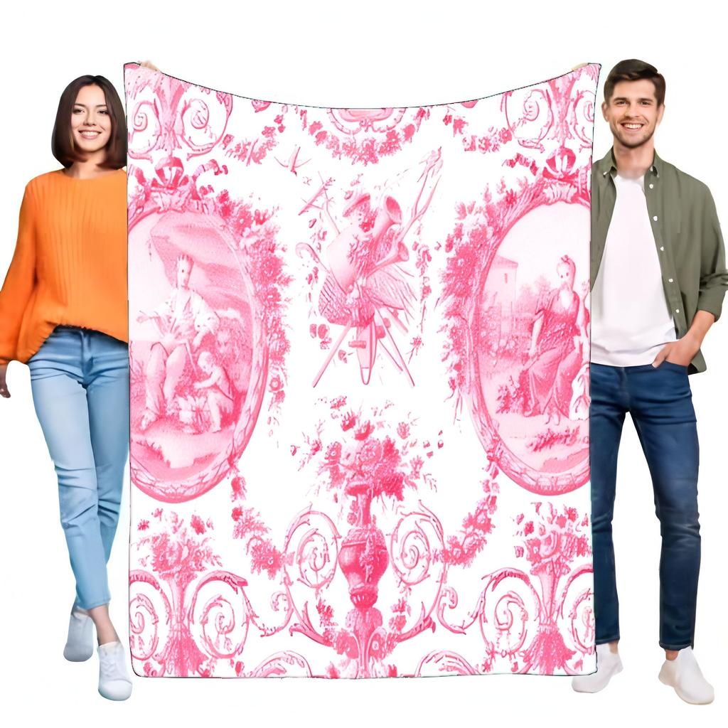 Pink Rococo Toile de Jouy Blanket Soft Flannel Throw French Pastoral Scenic Bed Sofa Decor Lightweight Cozy All Season Gift