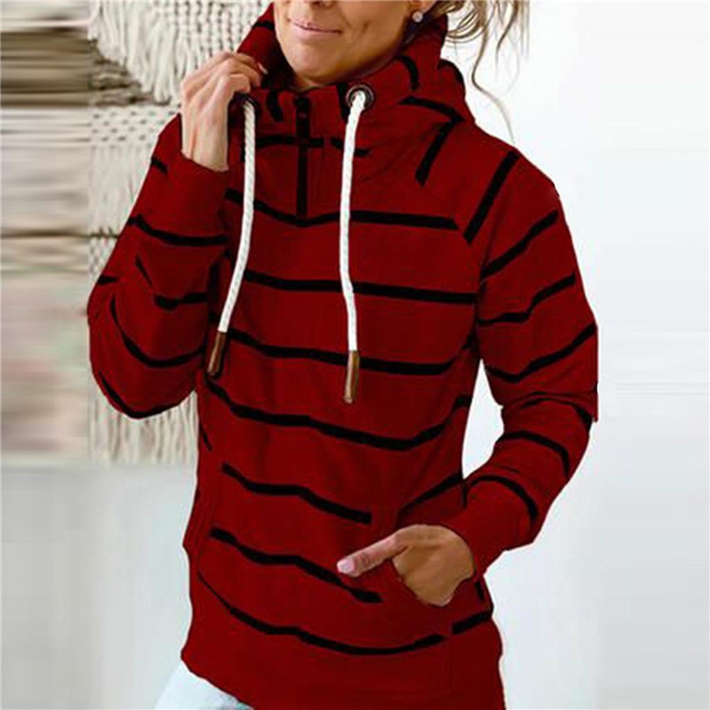 Fashion Women's Pocket Stripe Printed Swap Long Sleeve Hooded Sweatshirt Top