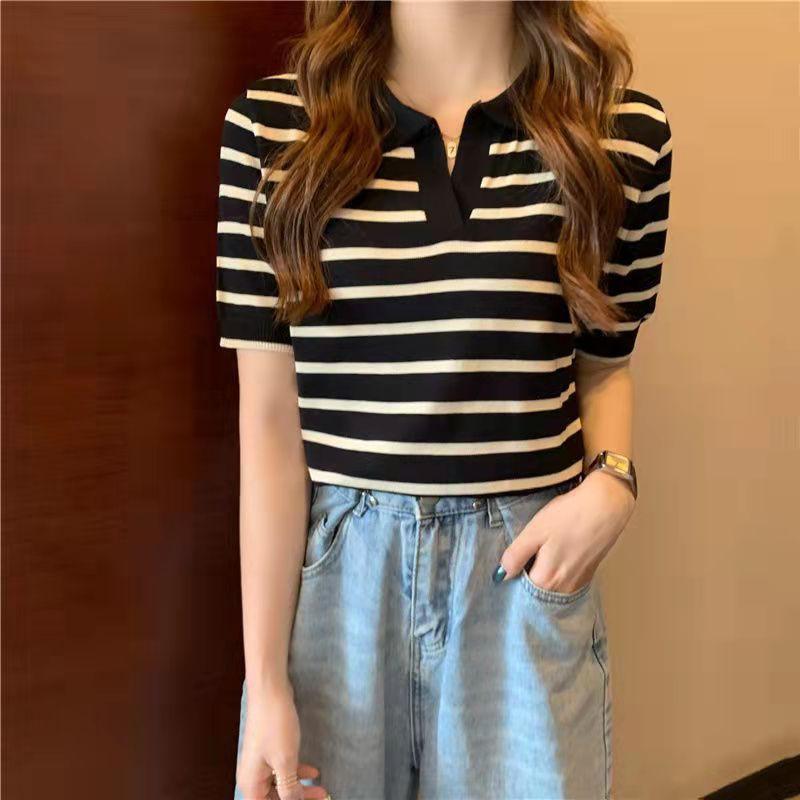 Womens Striped Knit Top With Contrast Collar Slim Fit Short Sleeve Tee