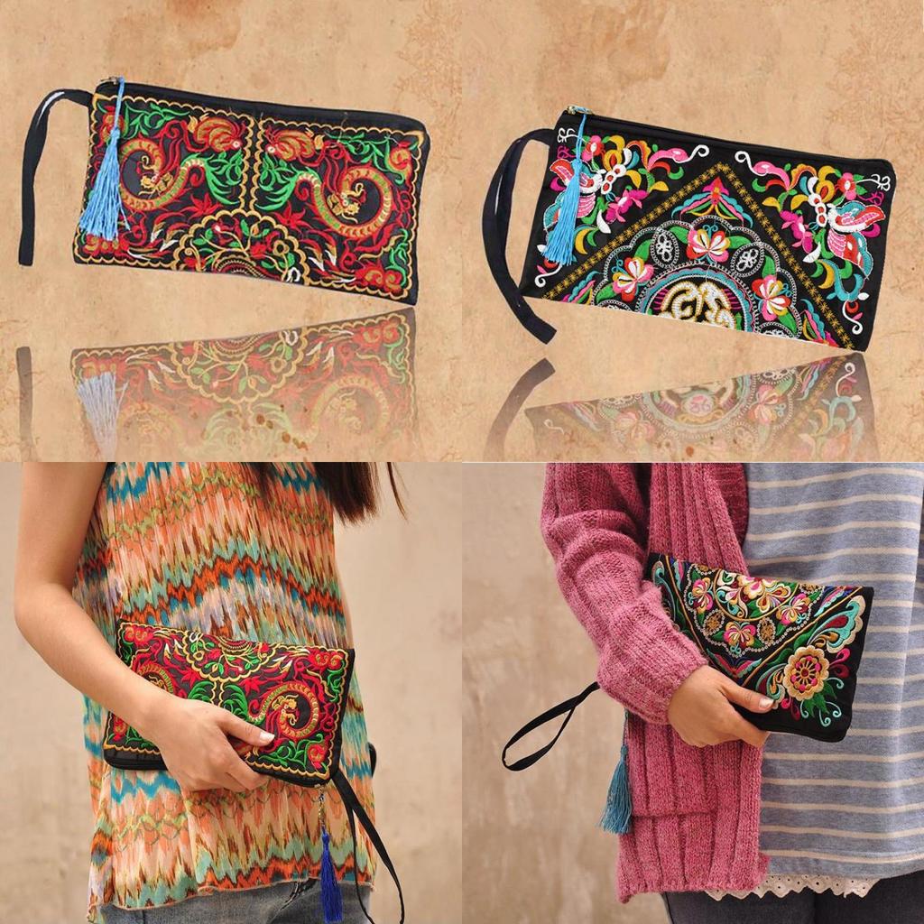 Ethnic Embroidered Long Wallet With Tassel Polyester Fabric Retro Style