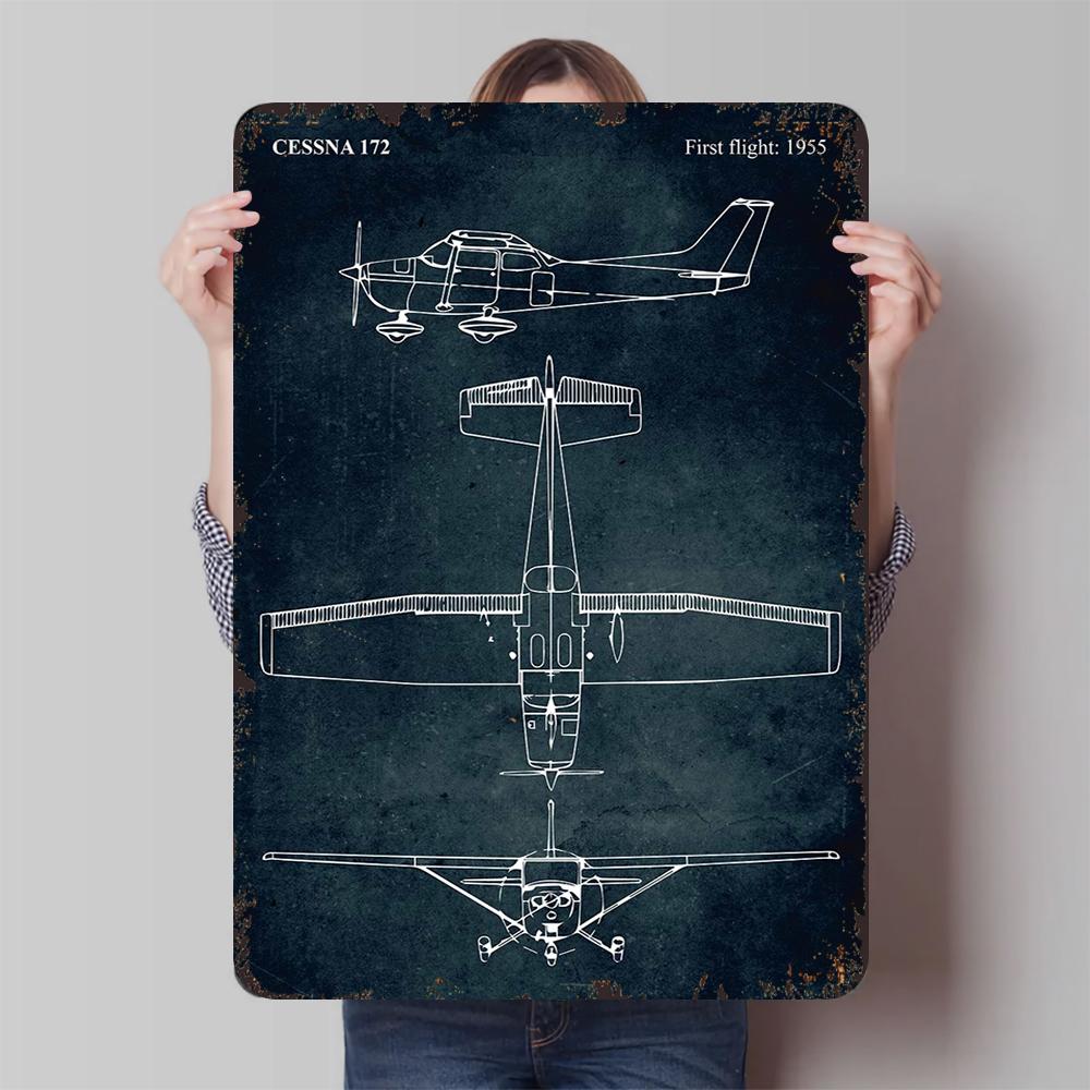 

Чертеж самолета Cessna 172 Металлический настенный декор Винтажный авиационный декор Первый полет 1955 20x30cm（7.8x11.8inch）