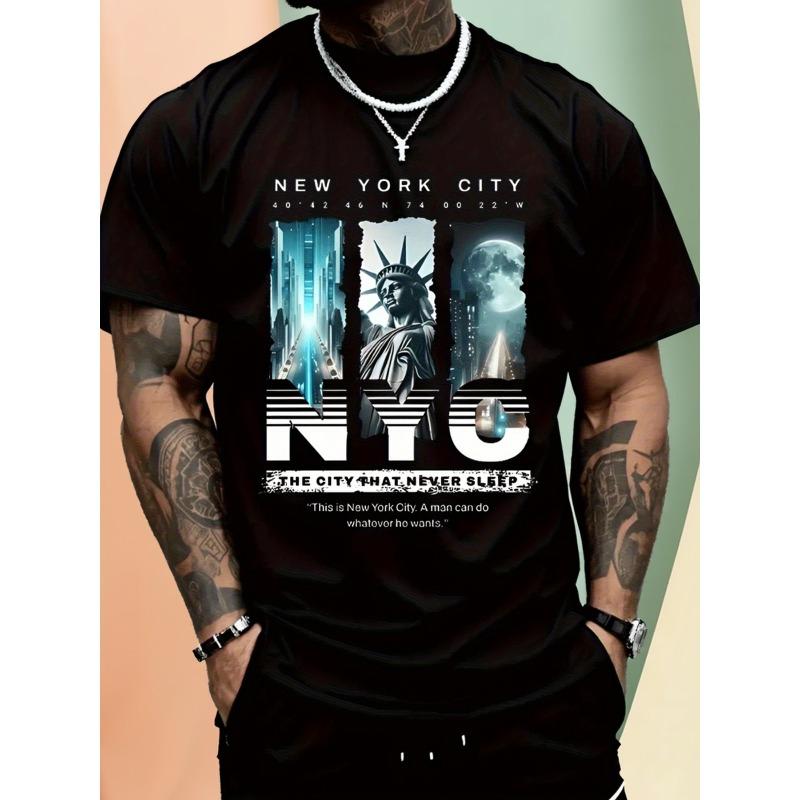 European sizes Men s New York Freedom Pattern-Shirt- Black New York Design, Statue of Liberty and Cityscape Print, Relaxed Fit S
