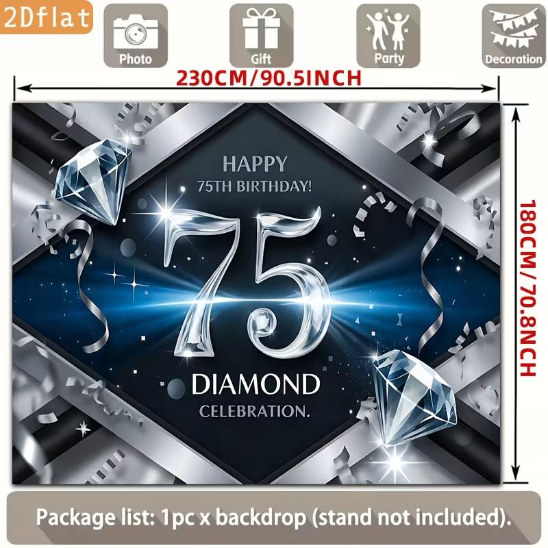 2D 75th Birthday Photography Backdrop Diamond Celebration & Silver Confetti Party Background