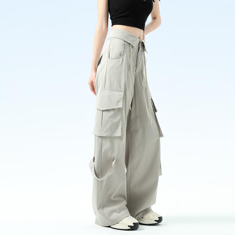 High Waist Flip Straight Work Pants for Women's Spring and Summer Thin Pants Casual and Versatile Loose Wide-leg Pants