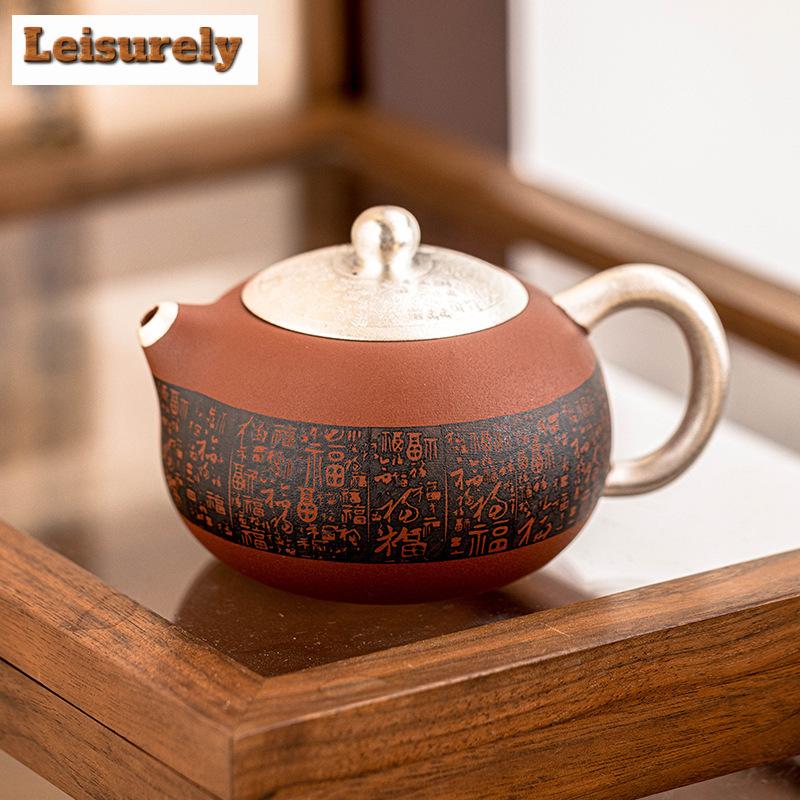 200ml Handmade 999 Gilded Silver Teapot Good Fortune Zhu Mud Zisha Xi Shi Pot Tea Maker Kettle Cha Accessories Collection Gifts