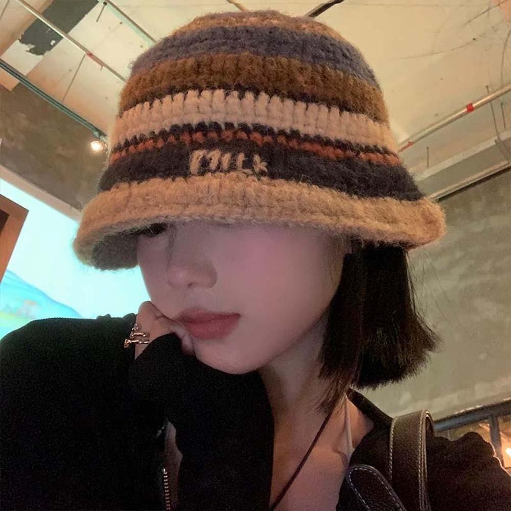 Anti-cold Knitted Bucket Hat Warm Woven Basin Cap Seaside Beach Cap Striped Fisherman Hat  Vacation