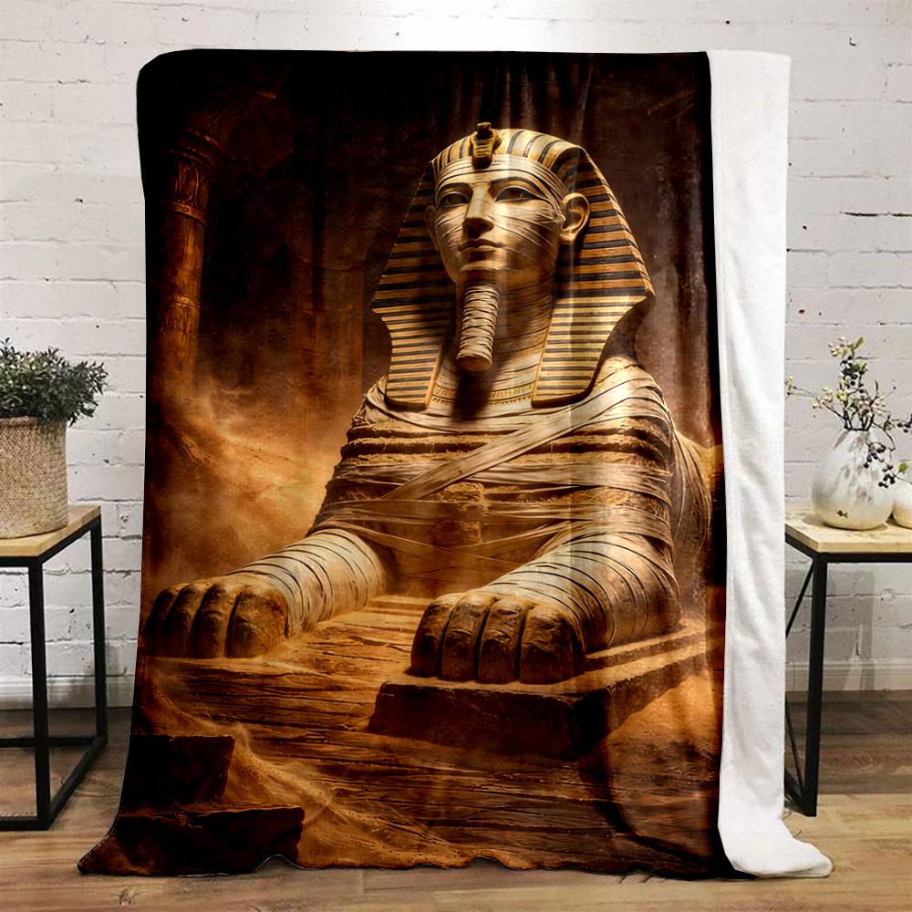 A Statue of a Sphinx Wrapped In Bandages, Set In a Dusty Ancient Scene. for All Seasons Blanket Lunch Break Throw Gift
