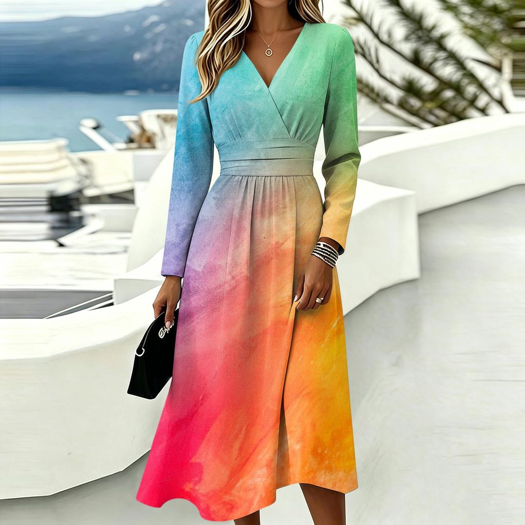 Damen V-Ausschnitt Langarm Print Kleid mit Taschen Lässig Tägliches Tragen