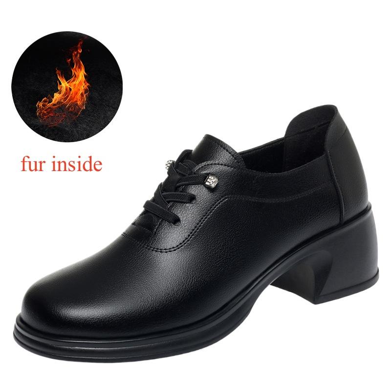 Breathable Comfortable Lace up Soft Leather Shoes Women Flats Spring 2025 Square Heels Black Shoes with Fur for Mom Work Dance