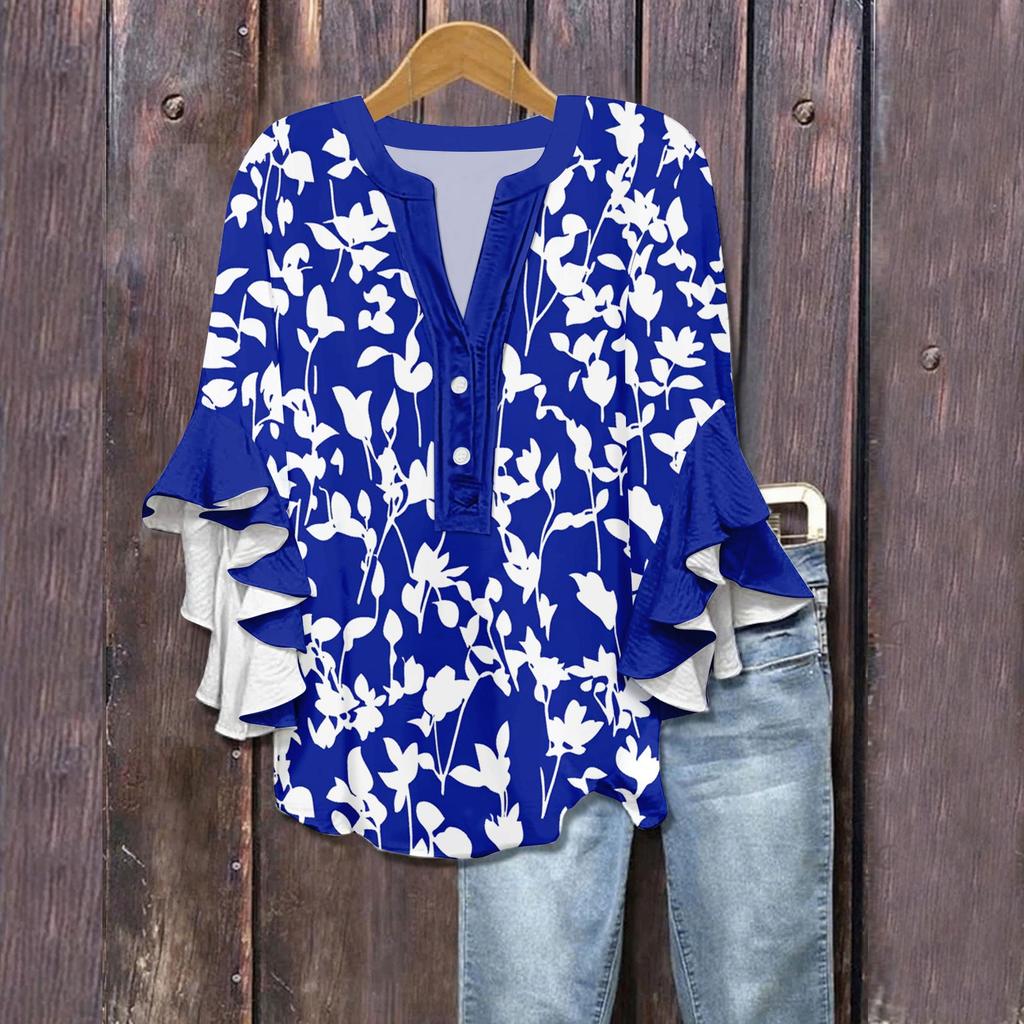 Women's Summer Tops V Neck Three-quarter Sleeves Floral Print Flowing Ruffle Sleeves Half-button Shirt
