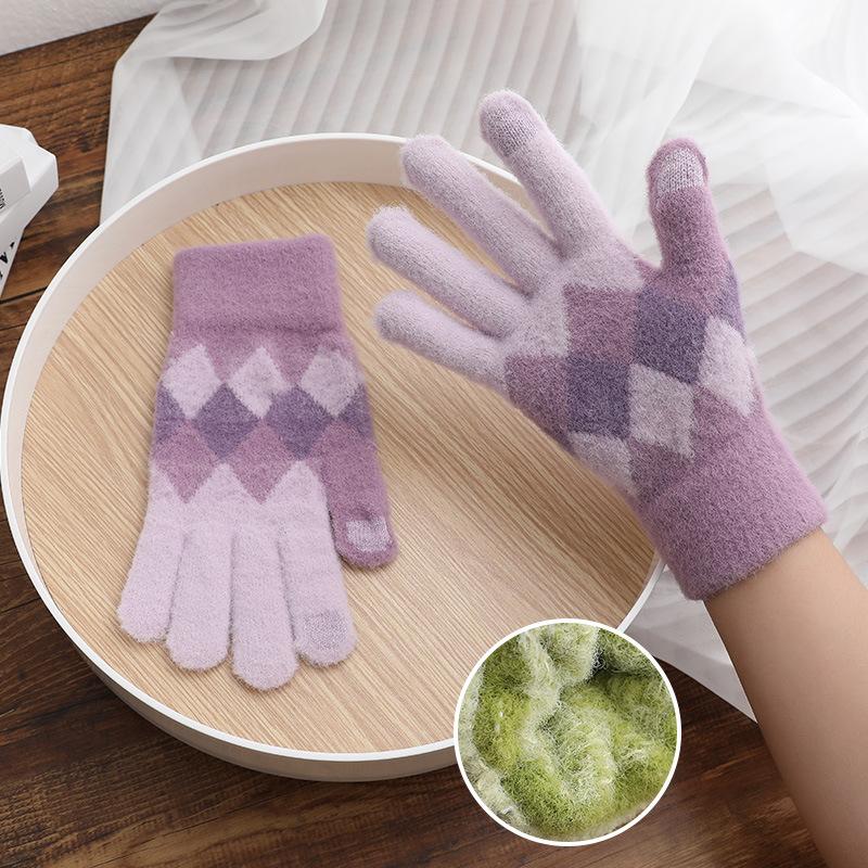 

Knitted Gloves for Women Touch Screen Gloves Winter Warm and Cute Checkered Cold Resistant Gloves