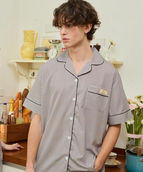 [Pink Zone] Luna Stripe Ash Short-Sleeve Collar Two-Piece Pajamas Set [Shipped from Korea] 100% Authentic