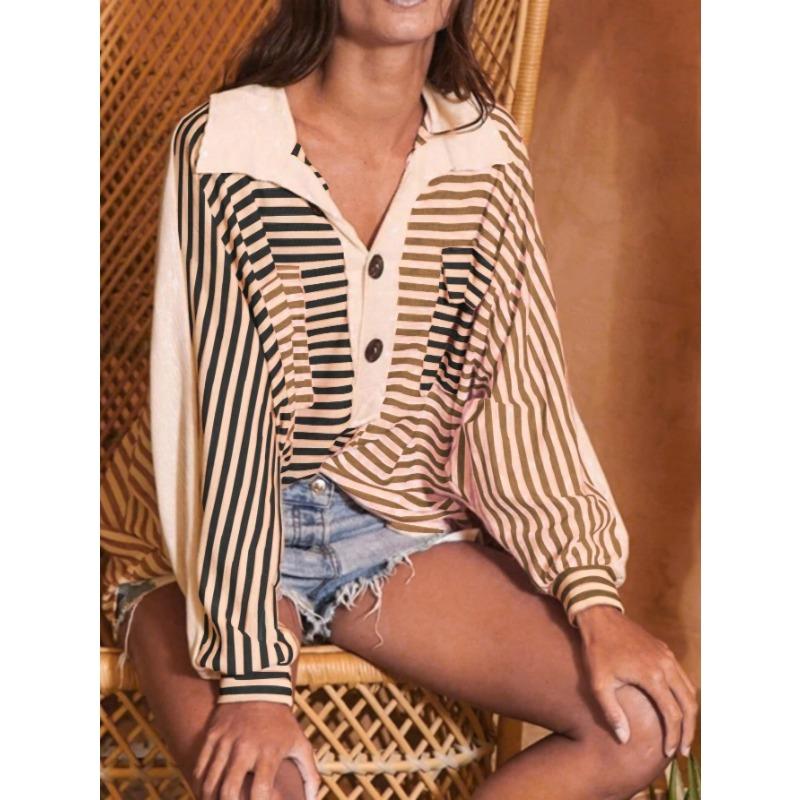 DAFIFY Women's Fashion Casual Spring Autumn Stripe Print Long Sleeve POLO Neck Blouses & Shirts