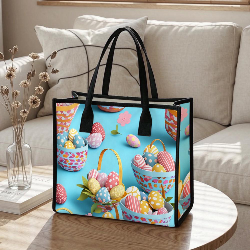 Easter Egg Print Tote Bag Portable Casual Handbag for Daily Shopping Outing