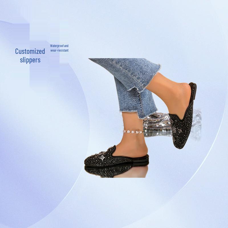 Coolqi Xiu Men's Rhinestone Leather Backless Slippers