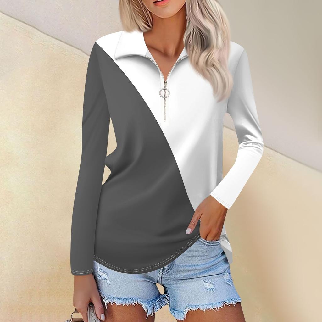 Women's Spring And  Fashion Casual  Printed Zipper V-Neck Long Sleeve Shirt Tops