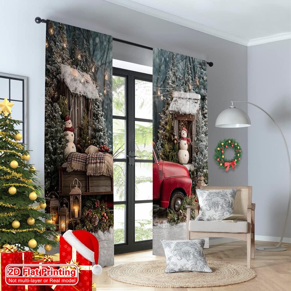 2pcs 2D flat printing Merry Christmas Popular Party Window Curtains Country red truck Versatile Polyester Without Electricity