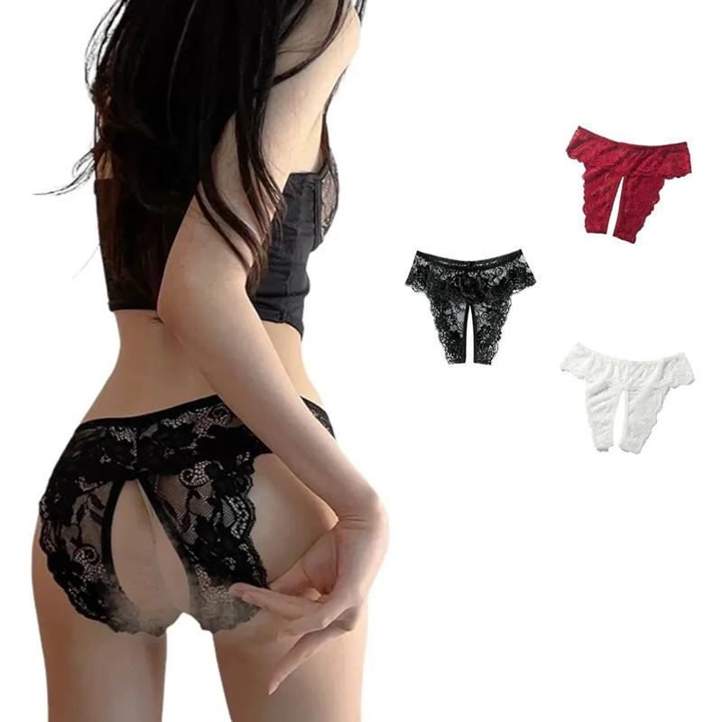 3pcs Lady Open Crotch Panties Low Waist Erotogenic Lace Open Crotch Underwear for Women Burgundy Black White 3XL