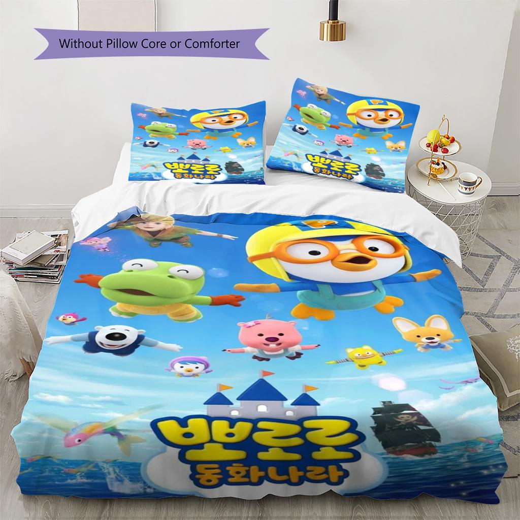 Pororo Cartoon Pattern Bedding Set Quilt Cover Pillowcase Home Decor Gift (1 * Duvet Cover + 2 * Pillowcase, Without Core)