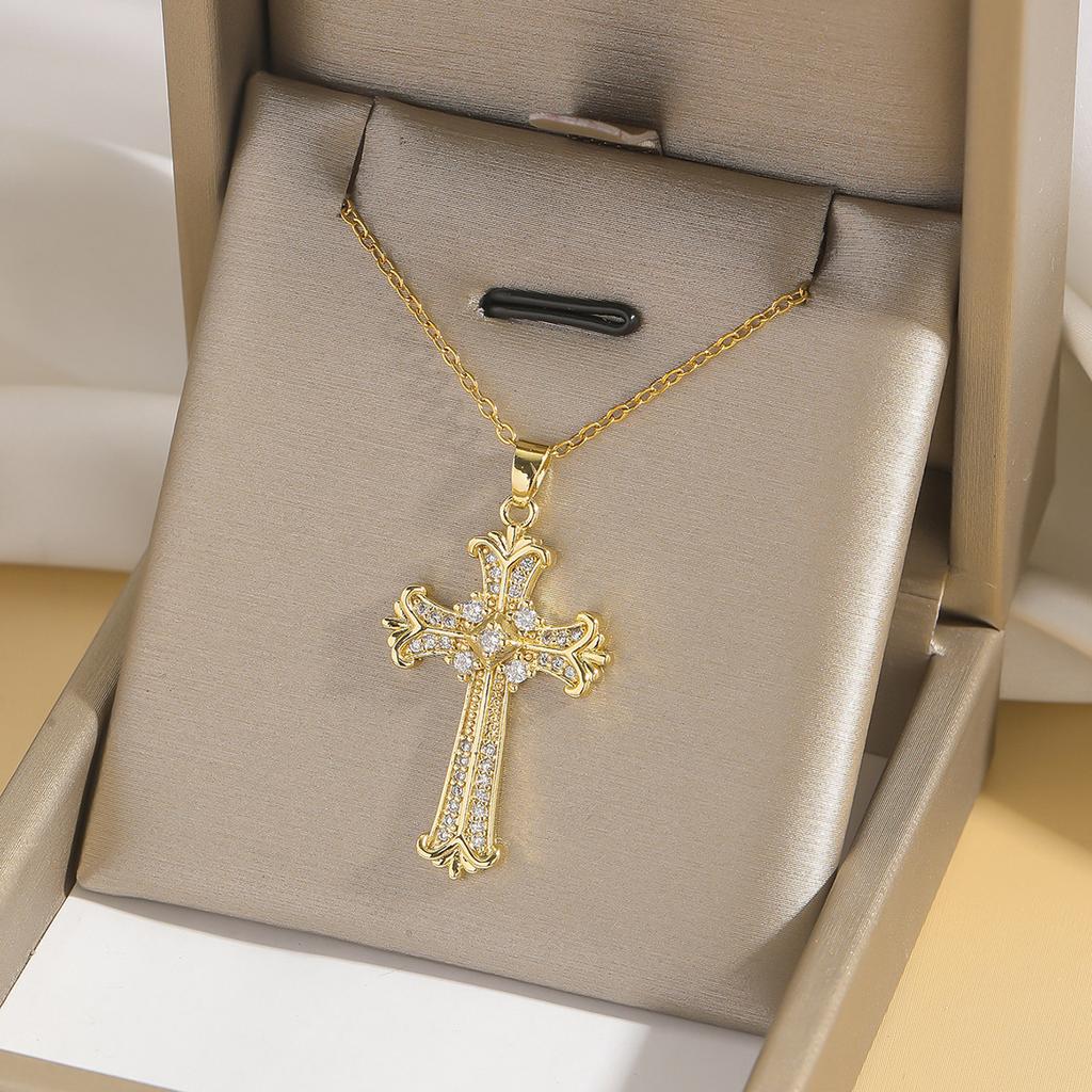 Hip Hop Cool Zircon Cross Necklaces for Women Men Fashion Stainless Steel Chains Shiny Cross Collar Jewelry Accessories Gifts