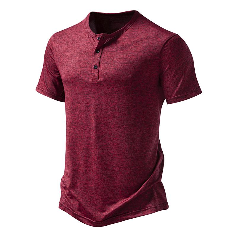 

New Summer Men s Training Short Sleeve T Shirt Casual Henry Neck Solid Quick Dry T Shirts Basic Gym Running Fitness Top Tees S вино красного