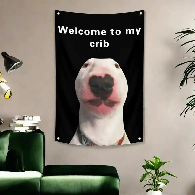 

VIKAMA Funny Bull Terrier Meme Tapestry Polyester Welcome to My Crib Wall Hanging Aesthetic Dorm Decor 74x94cm(29x37in)