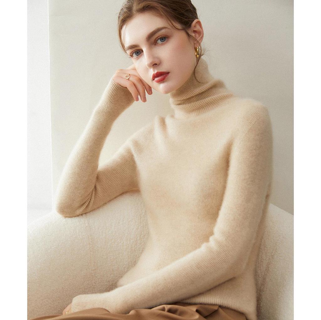 Women's Slim Fit Seamless Turtleneck Sweater - 100% Pure Cashmere, Flattering High Neck Knit Base Layer