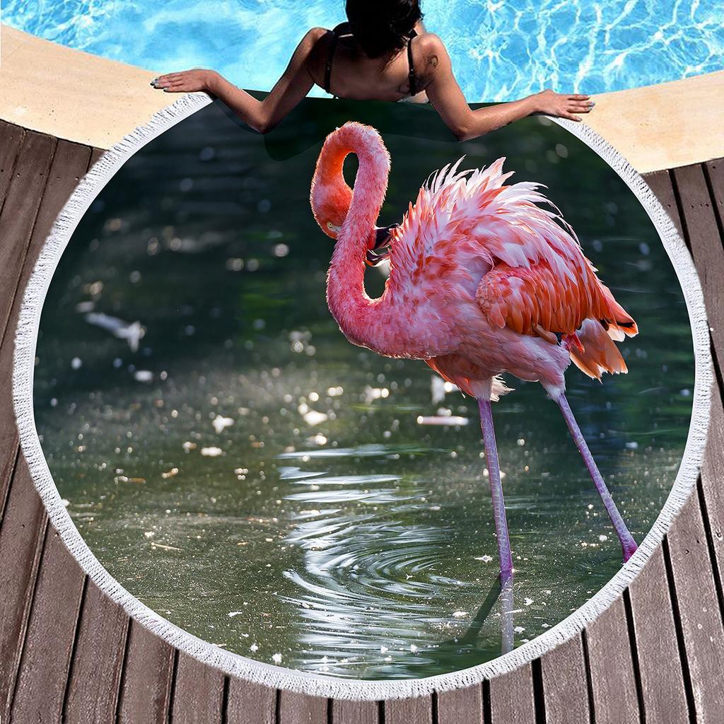 Tropical Flamingo Print Round Beach Towel, Hawaiian Beach Blanket Sand Free Quick Dry Hippie Boho Circle Bath Towel Yoga Mat