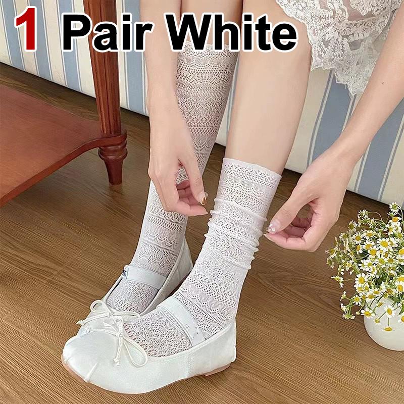 1/4 Pairs Women Lace Trimmed Knee High Socks Summer Hollow Out Design Lightweight Breathable Soft Comfortable Casual Socks