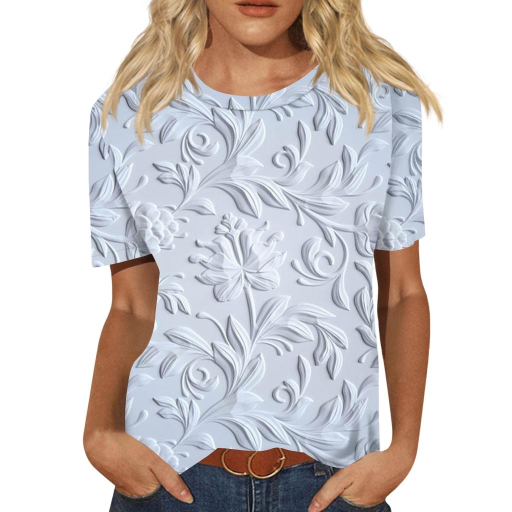 Damen Freizeit 3D Blumendruck Freizeit Kurzarm T-Shirt Pullover Rundhals Kurzarm Oberteil