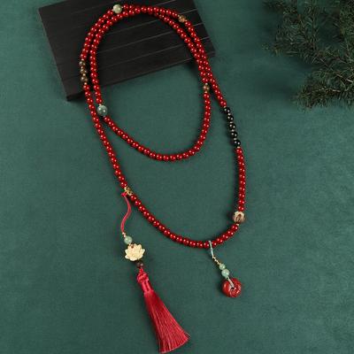 Glazed Beaded Messenger Chain High-end Long Green Sandalwood Fringed Necklace Sweater Chain Accessories Women