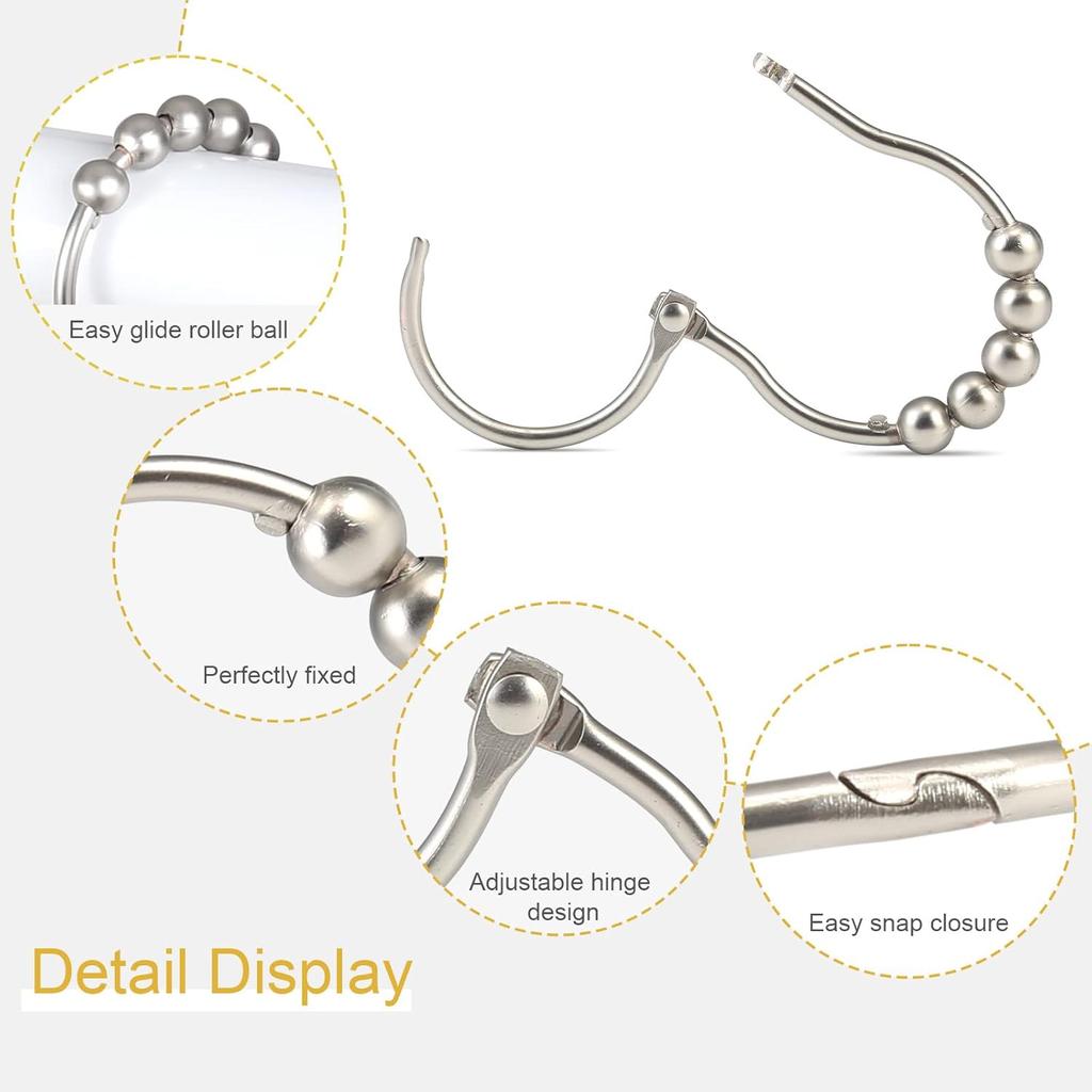 Shower Curtain Hooks, SUTINE 12Pcs Shower Curtain Rings, Stainless Steel Snap Closure Black Shower Curtain Hooks, Roller Glide Rustproof Shower Hooks