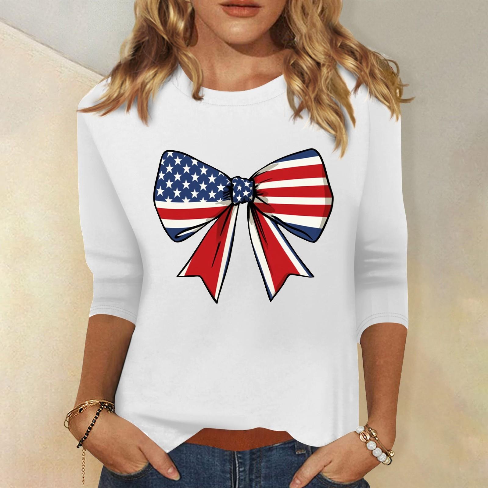 

Women s Fashion Casual Round Neck 3/4 Sleeve Loose Independence Day Printed T-Shirt Ladies Top XL білий