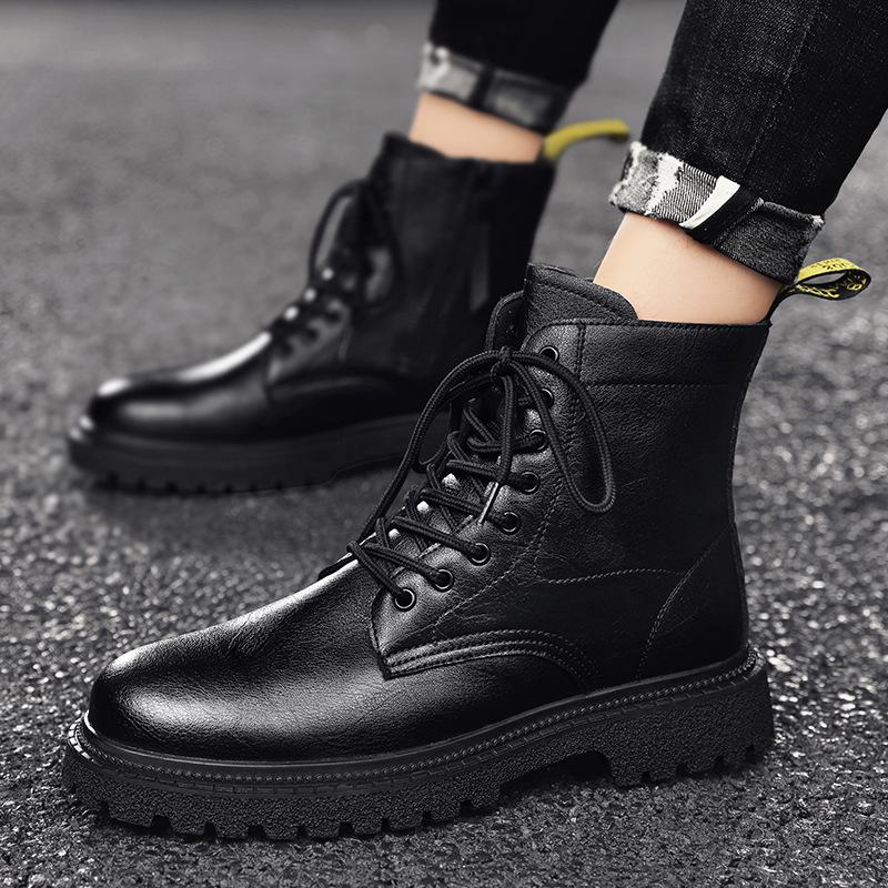 Popular Large-size Hot-selling Autumn and Winter Men's Medium and High-top Velvet Warm Fashion Casual Versatile Leather Martin Boots