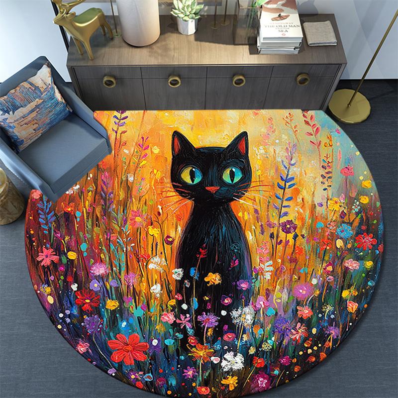 Black Cat in Flowers Round Area Rug,Carpet Rug for Living Room Bedroom Sofa Playroom Decor,Non-slip Floor Mat