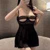 Sexy pure desire high sense hollow lace eye mask splicing mesh dress thin perspective low chest suspender short skirt