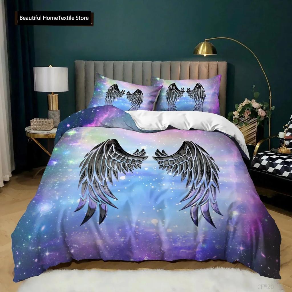Angel Wings Duvet Cover Set Black Background Bright Orange Wing 3D Print Comforter Cover King Queen Size Polyester Bedding Set