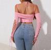 Mesh Suspender Top, European and American Sexy Off-the-shoulder Backless Pleated Splicing Hollow Long-sleeved Fishbone Top